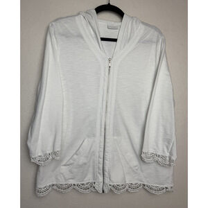 Chico's Weekend Women's Full Zip Hooded Jacket Lightweight Lace Trimmed Size L